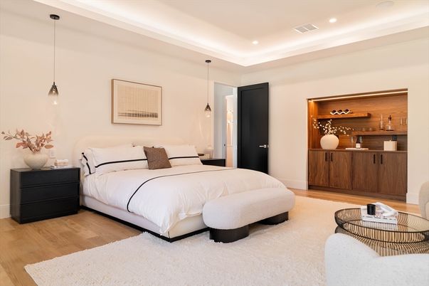 Bedroom, Interior, Pendant Lights, Recessed Lighting, Wood Texture Flooring
