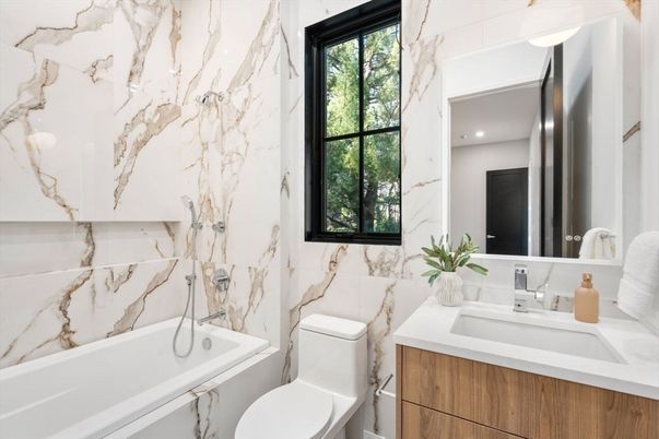 Bathroom, Interior, Marble Walls, Recessed Lighting
