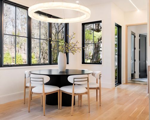 Dining room, Interior, Pendant Lights, Wood Texture Flooring