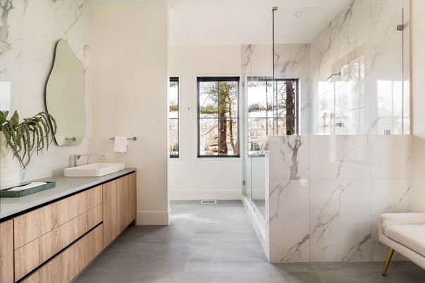 Bathroom, Dual Sink Vanities, Glass Shower, Interior, Marble Walls, Recessed Lighting