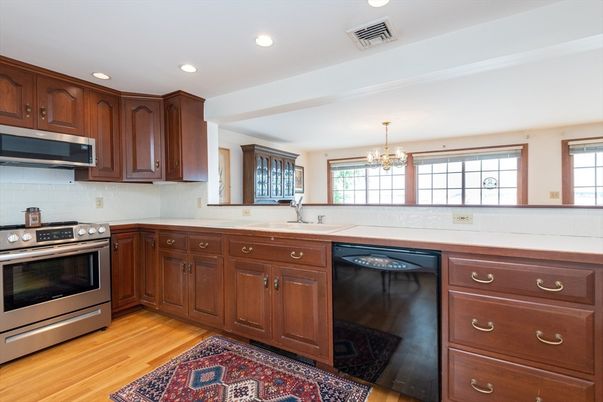 Chandelier, Interior, Kitchen, Recessed Lighting, Stainless Steel Appliances, Wood Texture Flooring