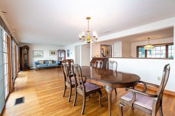 Chandelier, Dining room, Interior, Wood Texture Flooring