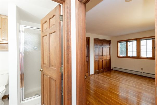 Bathroom, Glass Shower, Interior, Wood Texture Flooring