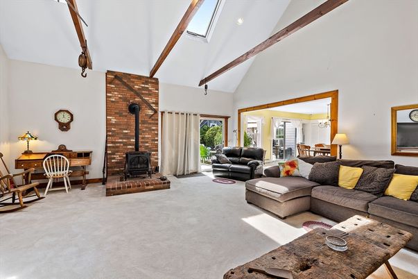 Dining room, Fireplace, Interior, Living room, Recessed Lighting, Stone Walls, Wooden Beams