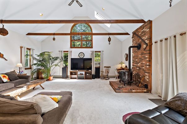 Fireplace, Interior, Living room, Recessed Lighting, Stone Walls, Wooden Beams