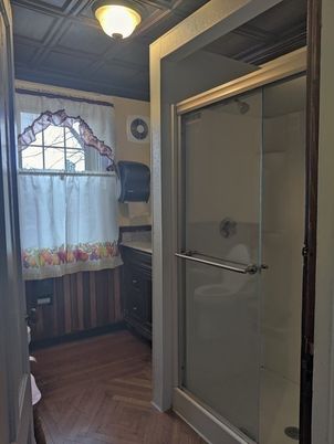 Bathroom, Glass Shower, Interior, Wood Texture Flooring