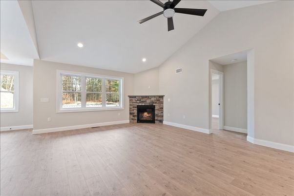 Empty room, Fireplace, Interior, Recessed Lighting, Wood Texture Flooring