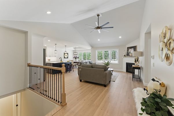 Dining room, Fireplace, Interior, Kitchen, Living room, Pendant Lights, Recessed Lighting, Wood Texture Flooring