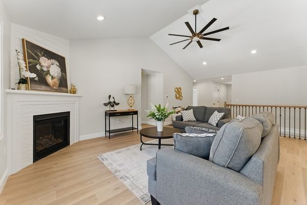 Fireplace, Interior, Living room, Recessed Lighting, Wood Texture Flooring