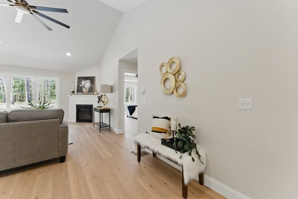 Fireplace, Interior, Living room, Recessed Lighting, Wood Texture Flooring