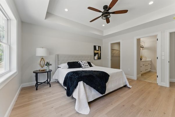 Bedroom, Interior, Recessed Lighting, Wood Texture Flooring