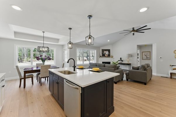 Dining room, Fireplace, Interior, Kitchen, Living room, Pendant Lights, Recessed Lighting, Wood Texture Flooring