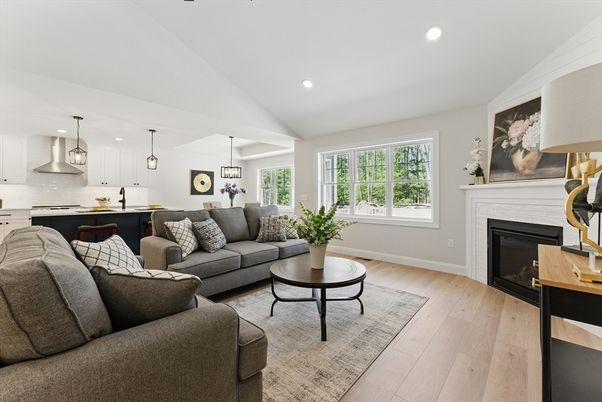 Fireplace, Interior, Kitchen, Living room, Pendant Lights, Recessed Lighting, Wood Texture Flooring