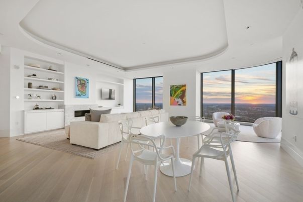 Dining room, Fireplace, Interior, Living room, Recessed Lighting, Wood Texture Flooring