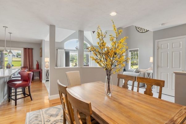Dining room, Interior, Pendant Lights, Recessed Lighting, Wood Texture Flooring
