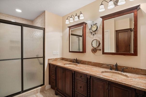 Bathroom, Dual Sink Vanities, Glass Shower, Interior, Recessed Lighting