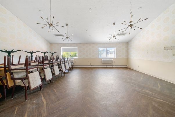 Dining room, Interior, Pendant Lights, Wood Texture Flooring