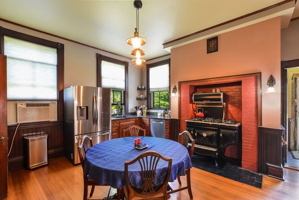 Dining room, Interior, Kitchen, Pendant Lights, Stainless Steel Appliances, Wood Texture Flooring