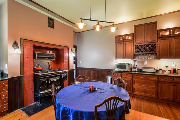 Dining room, Interior, Kitchen, Pendant Lights, Stainless Steel Appliances, Wood Texture Flooring