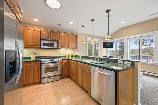 Interior, Kitchen, Pendant Lights, Recessed Lighting, Stainless Steel Appliances, Wood Texture Flooring