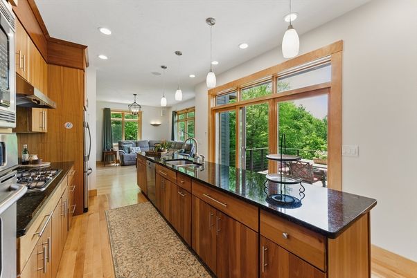 Interior, Kitchen, Living room, Pendant Lights, Recessed Lighting, Wood Texture Flooring