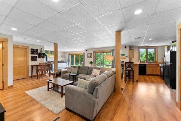 Dining room, Interior, Kitchen, Living room, Recessed Lighting, Wood Texture Flooring