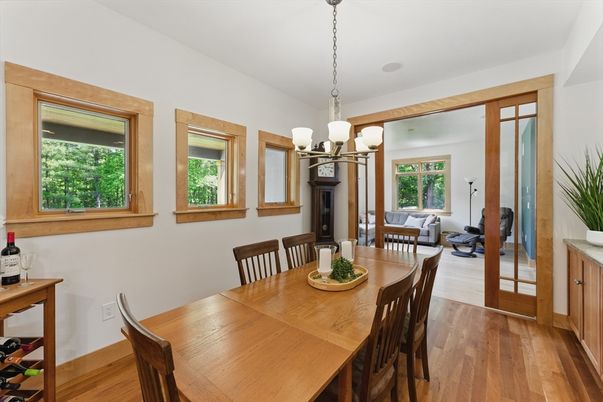 Chandelier, Dining room, Interior, Wood Texture Flooring