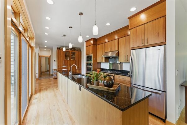 Interior, Kitchen, Pendant Lights, Recessed Lighting, Stainless Steel Appliances, Wood Texture Flooring