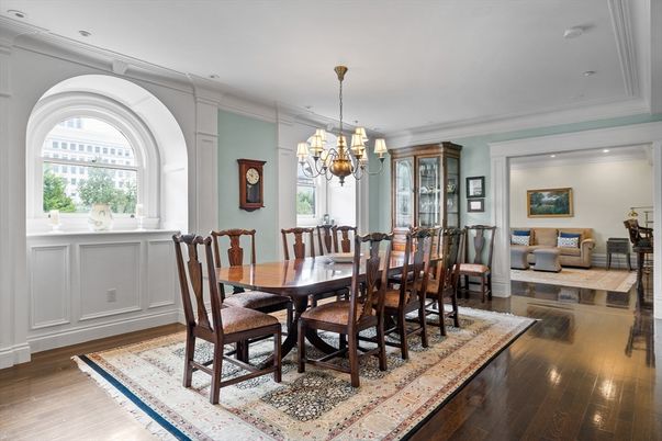 Chandelier, Dining room, Interior, Recessed Lighting, Wood Texture Flooring