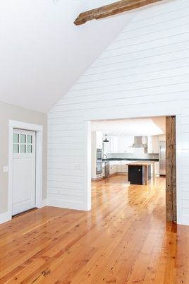 Empty room, Interior, Kitchen, Stainless Steel Appliances, Wood Texture Flooring