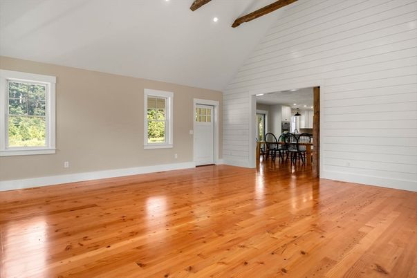 Dining room, Empty room, Interior, Kitchen, Recessed Lighting, Wooden Beams, Wood Texture Flooring