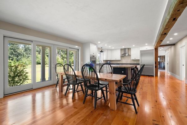 Dining room, Interior, Kitchen, Recessed Lighting, Stainless Steel Appliances, Wooden Beams, Wood Texture Flooring