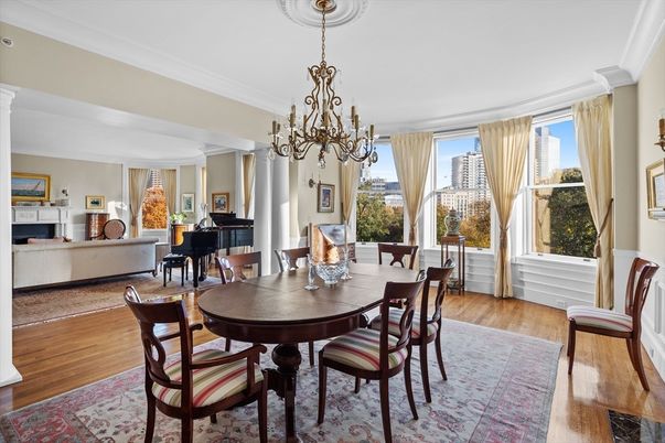 Chandelier, Dining room, Fireplace, Interior, Living room, Piano, Wood Texture Flooring