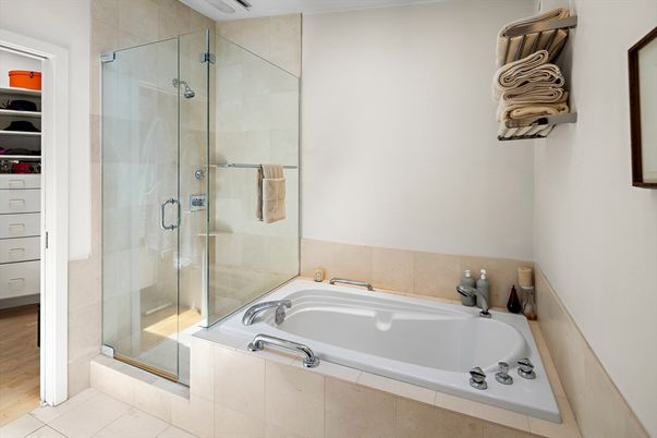 Bathroom, Glass Shower, Interior, Wood Texture Flooring
