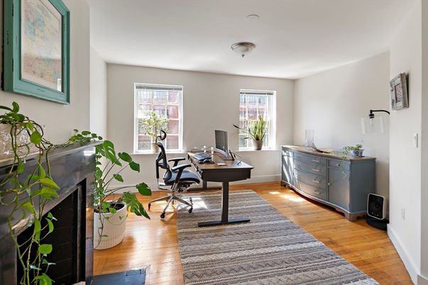 Fireplace, Home Office, Interior, Wood Texture Flooring