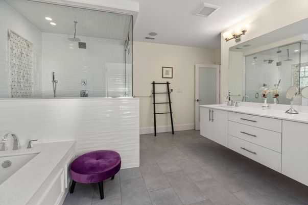 Bathroom, Dual Sink Vanities, Glass Shower, Interior, Recessed Lighting