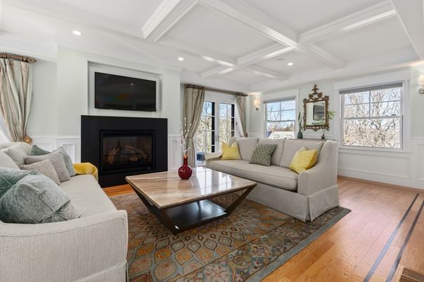 Fireplace, Interior, Living room, Recessed Lighting, Wood Texture Flooring