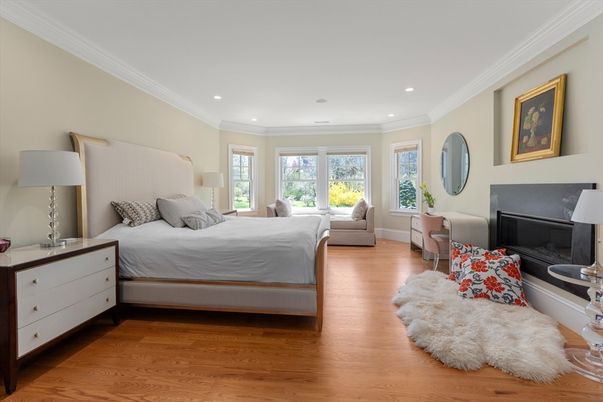 Bedroom, Fireplace, Interior, Recessed Lighting, Wood Texture Flooring