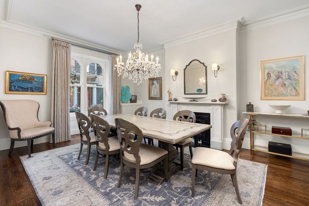 Chandelier, Dining room, Fireplace, Interior, Wood Texture Flooring