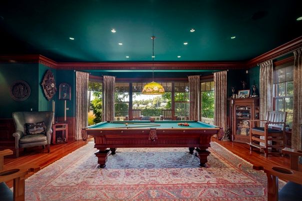 Billiard Table, Game Room, Interior, Pendant Lights, Recessed Lighting, Wood Texture Flooring