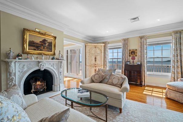 Fireplace, Interior, Living room, Recessed Lighting, Water, Wood Texture Flooring