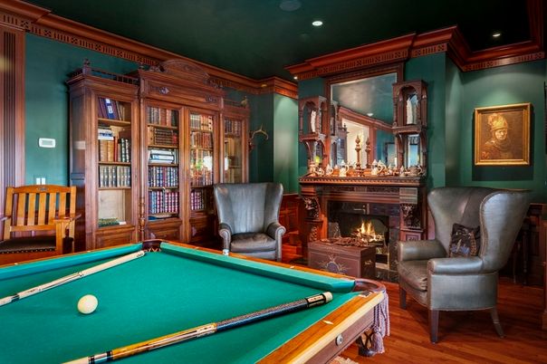 Billiard Table, Fireplace, Game Room, Interior, Recessed Lighting, Wood Texture Flooring