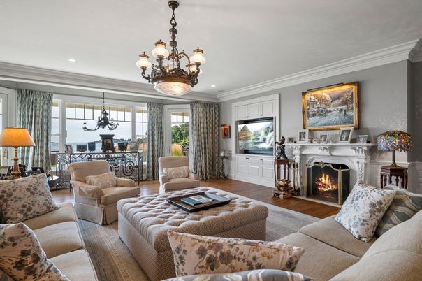 Chandelier, Dining room, Fireplace, Interior, Living room, Recessed Lighting, Wood Texture Flooring