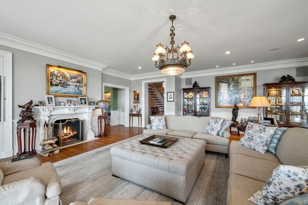 Chandelier, Fireplace, Interior, Living room, Recessed Lighting, Wood Texture Flooring