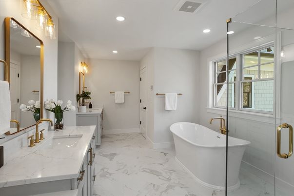 Bathroom, Dual Sink Vanities, Free Standing Baths, Glass Shower, Interior, Marble, Recessed Lighting