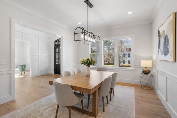 Dining room, Interior, Pendant Lights, Recessed Lighting, Wood Texture Flooring