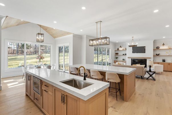 Dining room, Fireplace, Interior, Kitchen, Living room, Pendant Lights, Recessed Lighting, Wooden Ceilings, Wood Texture Flooring
