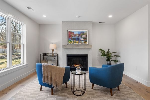 Fireplace, Interior, Living room, Recessed Lighting, Wood Texture Flooring