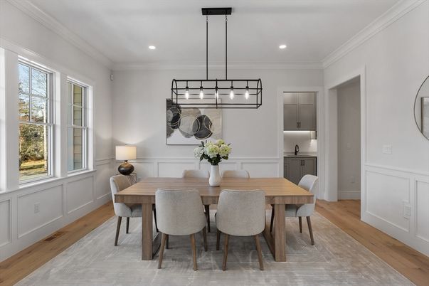 Dining room, Interior, Pendant Lights, Recessed Lighting, Wood Texture Flooring