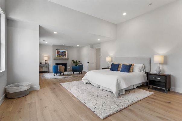 Bedroom, Fireplace, Interior, Recessed Lighting, Wood Texture Flooring